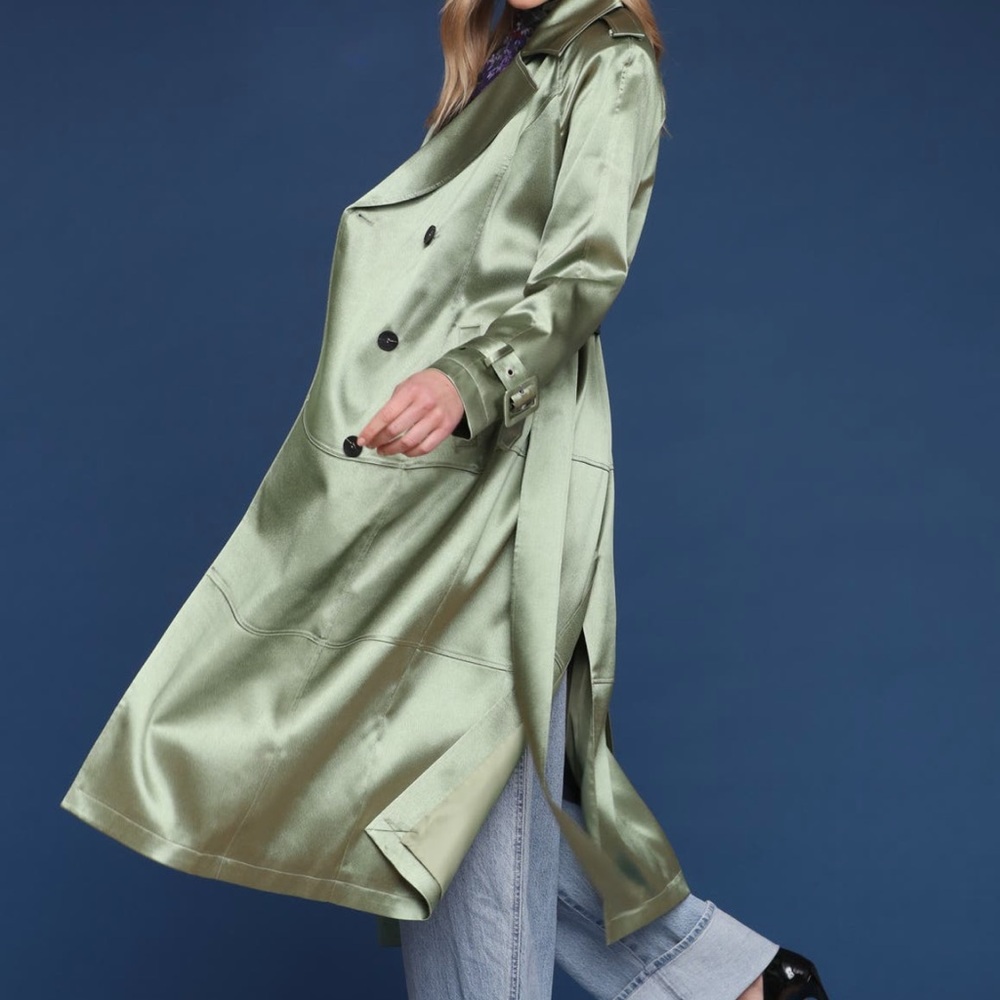 Avec Les Filles Satin Trench Coat in Sage